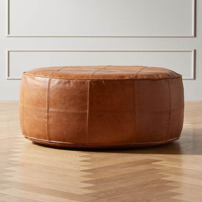 Round Pouf-Ottoman, Saddle Leather - Image 0