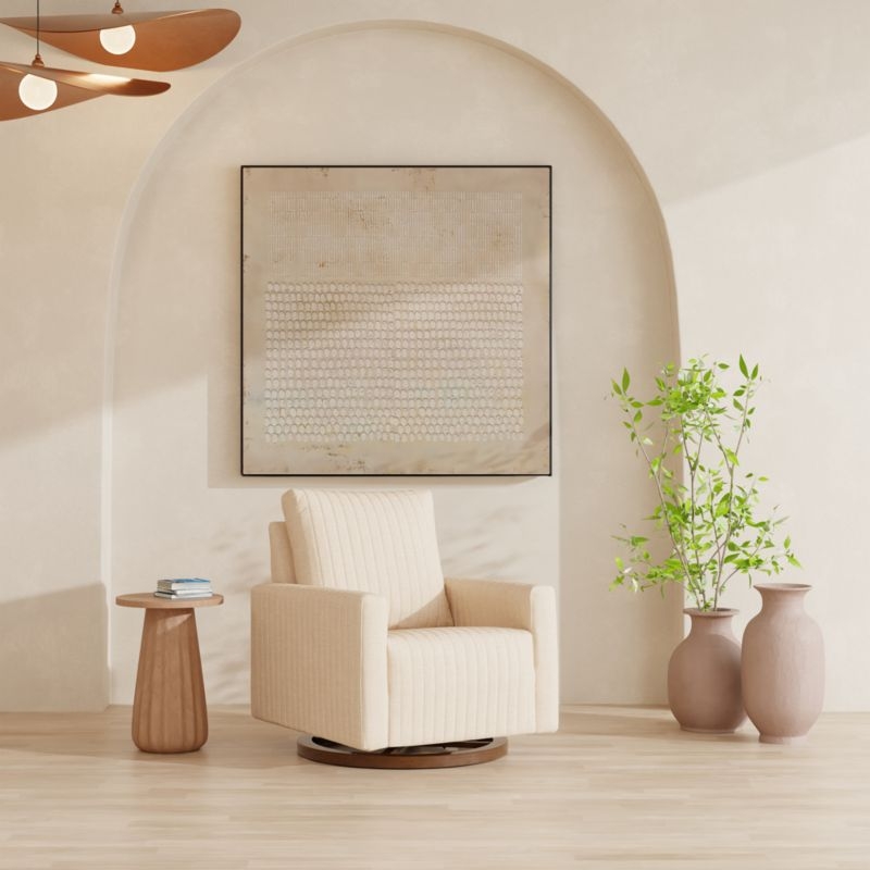 Babyletto Poe Cream Chenille Nursery Swivel Glider with Dark Wood Base - Image 1