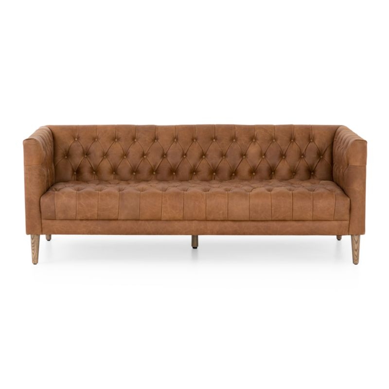 Rollins Natural Washed Camel Leather Button Tufted Sofa - Image 1