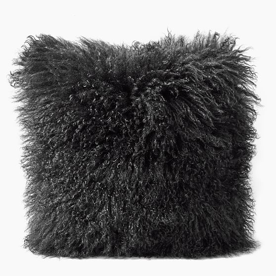 Mongolian Lamb Pillow Cover with Down Insert, Black, 16"x16" - Image 0