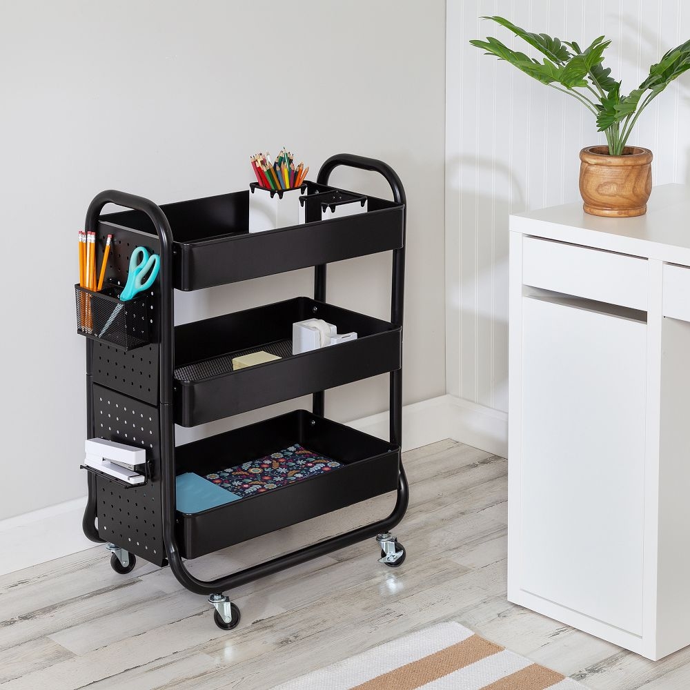 Rolling Craft Cart With Wheels Pegboard Shelf And Metal Basket, Black - Image 1