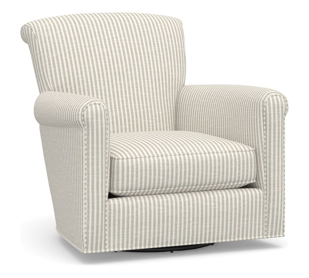 Irving Roll Arm Upholstered Swivel Armchair, Polyester Wrapped Cushions, Classic Stripe Oatmeal - Image 0
