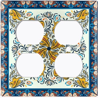 Metal Light Switch Plate Outlet Cover (Orange Elegant Flower Blue Frame Tile  - Double Duplex) - Image 0