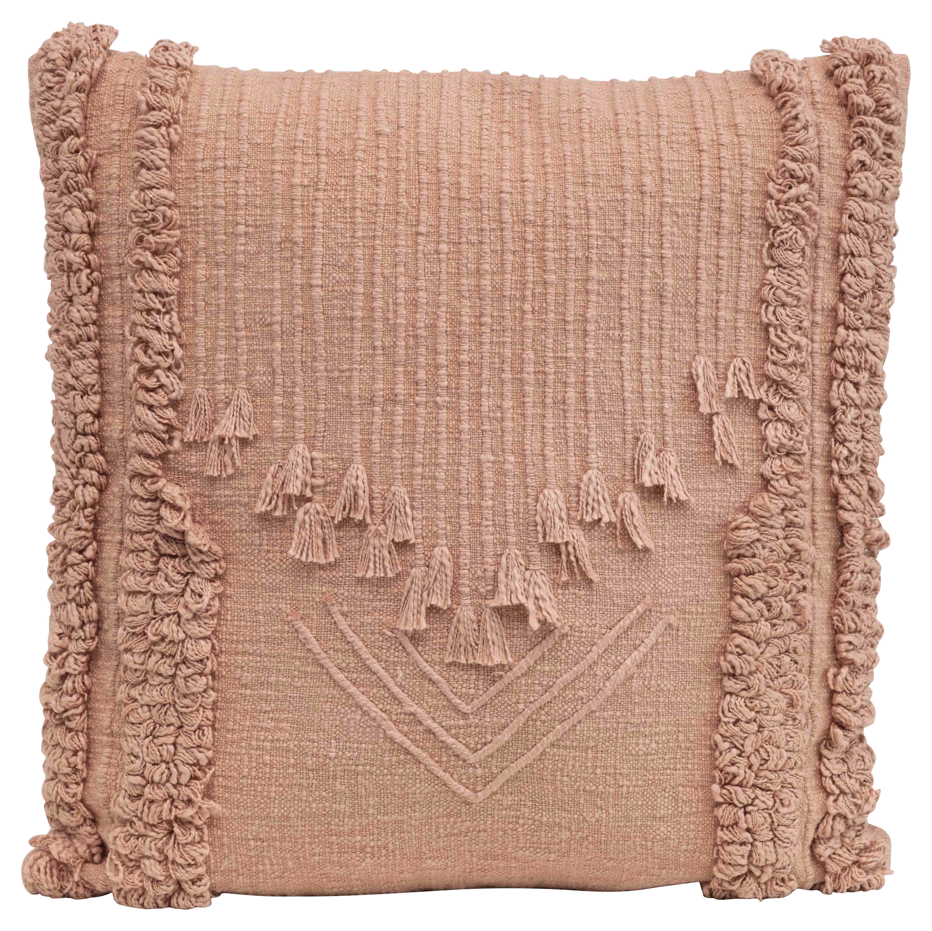 Square Cotton Embroidered Pillow with Looped Stripes & Decorative Front Tassels - Image 0