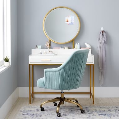 Distressed Velvet Aqua Pleated Swivel Desk Chair - Image 3