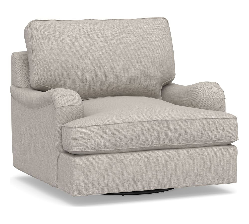 PB English Arm Upholstered Swivel Armchair, Down Blend Wrapped Cushions, Chunky Basketweave Stone - Image 0
