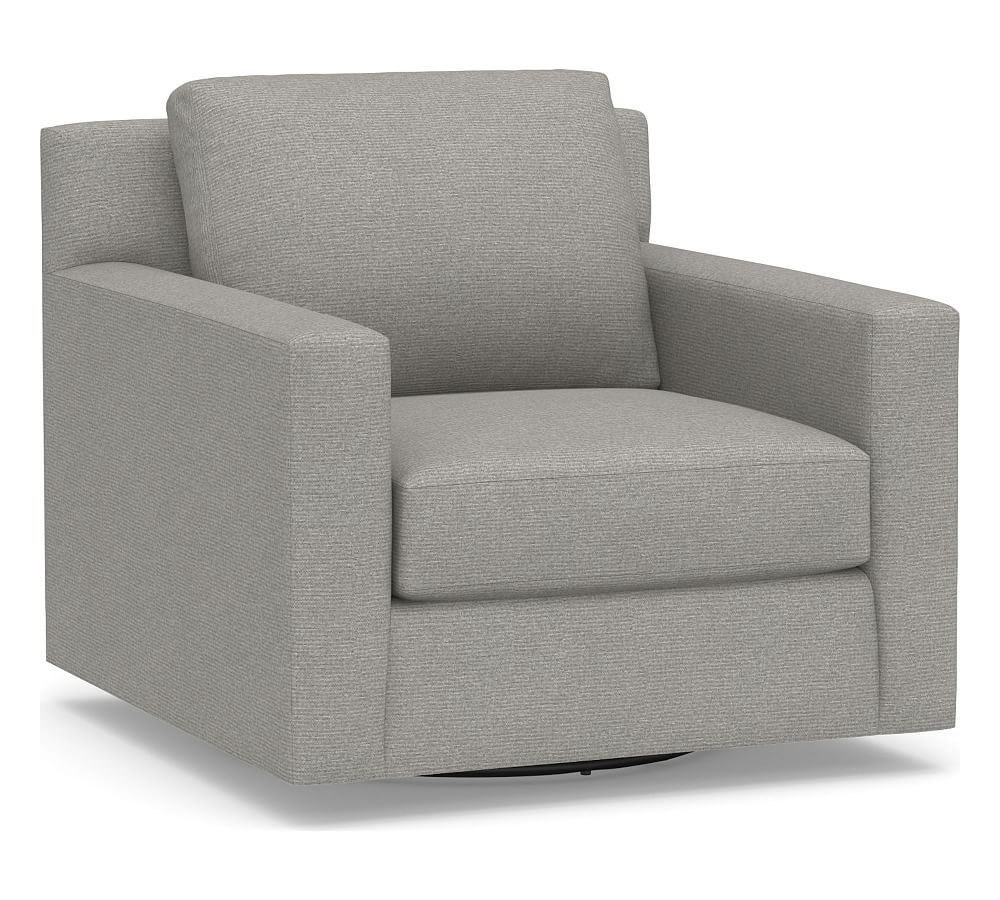 York Square Arm Upholstered Swivel Armchair, Down Blend Wrapped Cushions, Performance Heathered Basketweave Platinum - Image 0