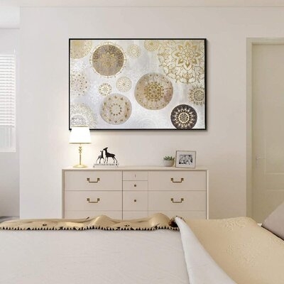 Mandala Wall Art Gray Gold Large Boho Wall Decor Hand Painted Oil Paintings Framed Bohemian Canvas Prints Indian Flowers Pictures Floral Artwork For Living Dining Room Bedroom Office 48"X32" - Image 0