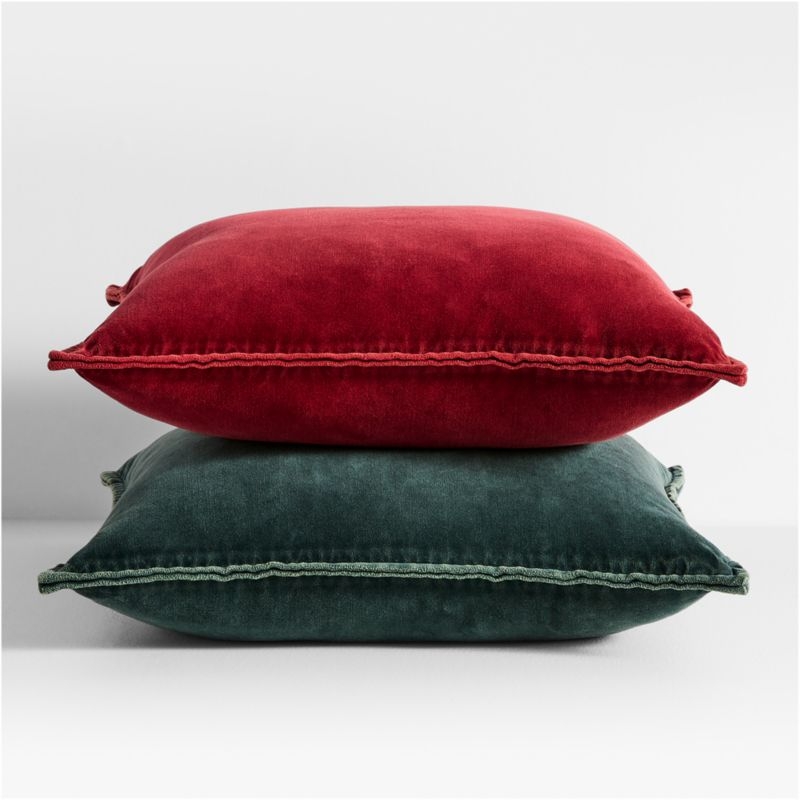 Relaxed Washed Organic Cotton Velvet 20"x20" Spruce Green Throw Pillow Cover - Image 1