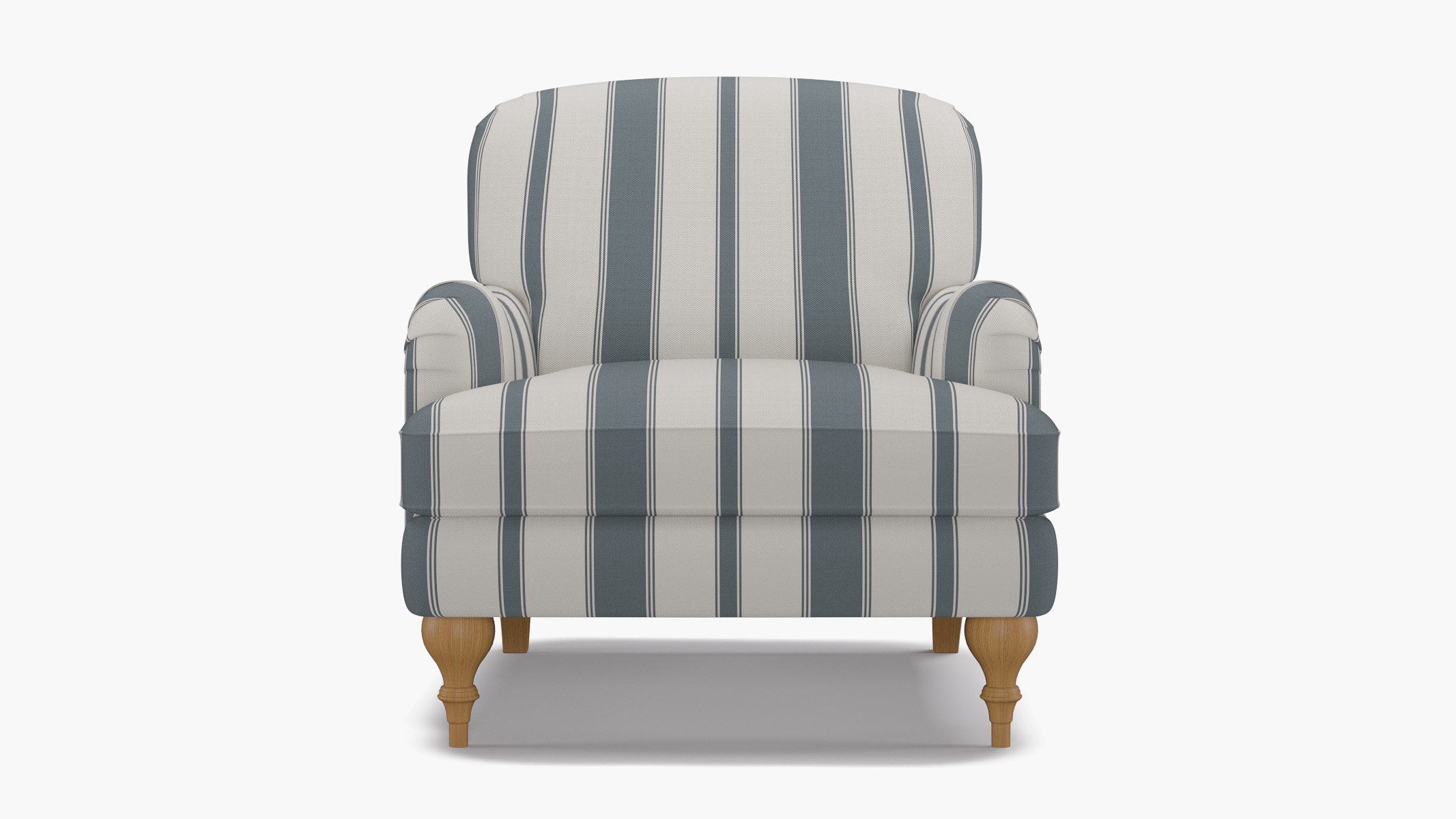 English Roll Arm Chair, French Blue Clarence Stripe, Natural Turned Wood Leg - Image 0