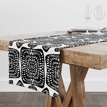 Rochelle Porter Design Tribe Table Runner, Linen & Cotton Canvas, Black & White, 90"x14" - Image 1