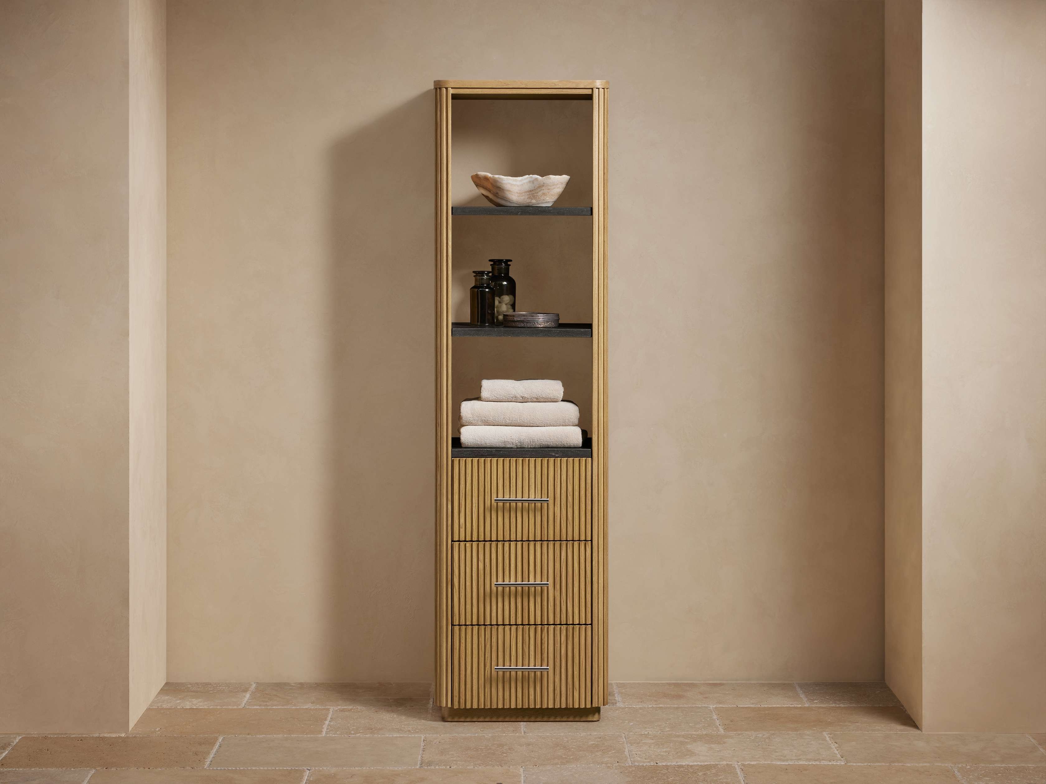 Finnley Tall Bath Cabinet in Wood Natural  Bluestone/Honey Nickel - Image 0