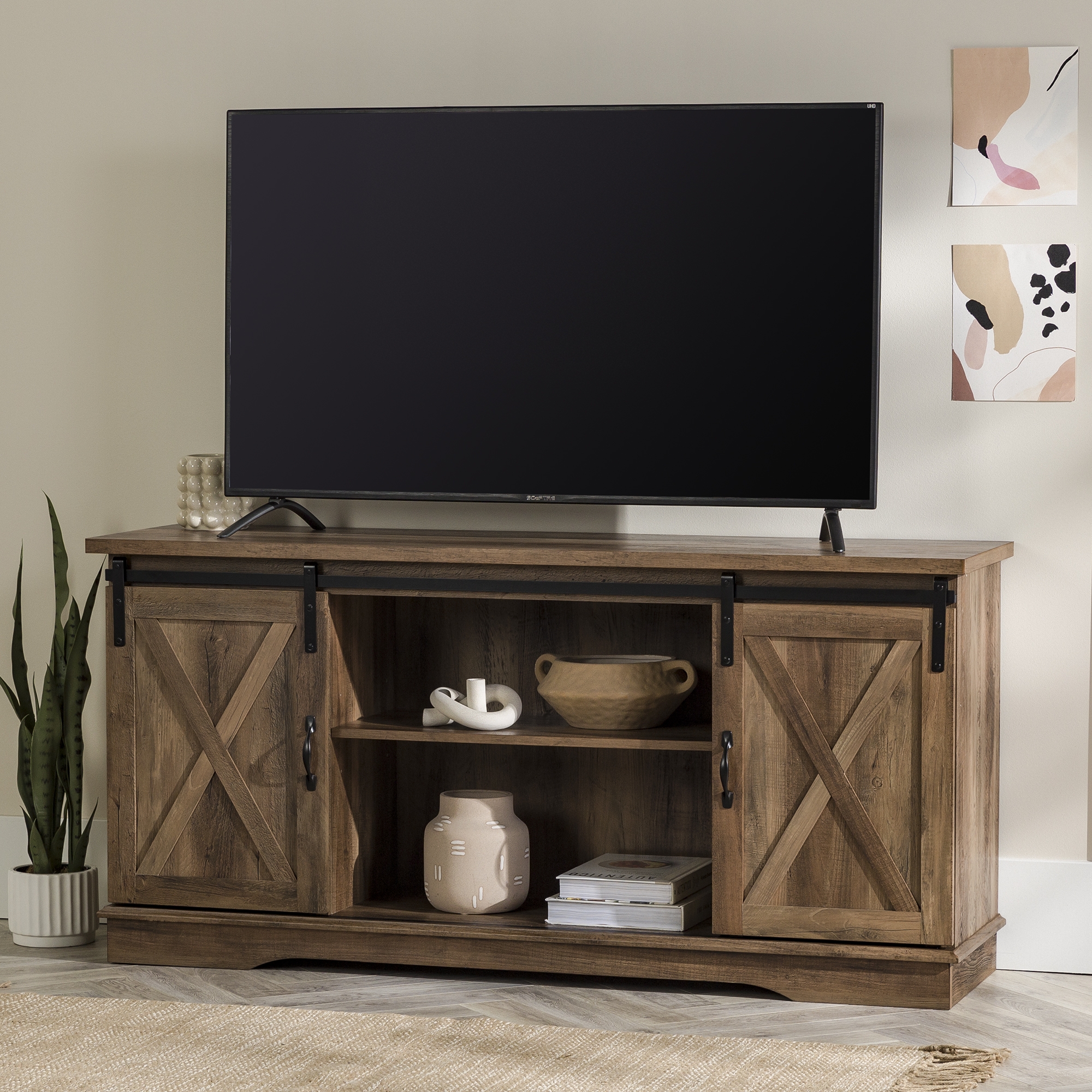 58" Sliding Barn Door Modern Farmhouse Wood TV Stand - Rustic Oak - Image 4