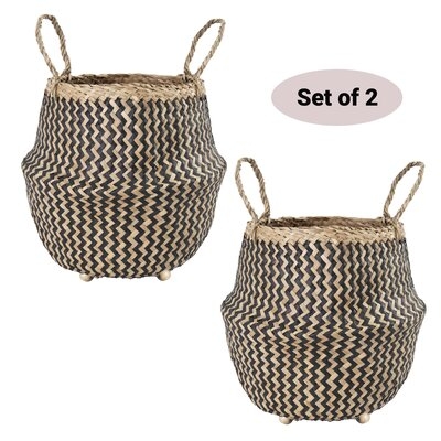 Set Of 2 D9.8Xh9.8" Seagrass Belly Basket W Handles | Beaded Planters Pot Cover For Indoor Plants - Nursery & Playroom Storage Bins - Wicker Hampers For Laundry - Decorative Basket For Farmhouse Decor & Rustic Harvest Basket - By Madeterra (Black Zigzag) - Image 0