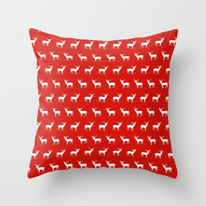 Christmas Deer Reindeer Red And White Minimal Modern Silhouette Holiday Pattern Print Design Couch Throw Pillow by Charlottewinter - Cover (16" x 16") with pillow insert - Outdoor Pillow - Image 0