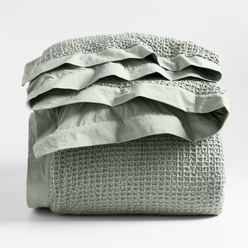 Organic Cotton Waffle Shadow Sage Green King Duvet Cover - Image 1