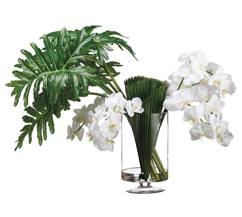 Faux Phalaenopsis, Selloum & Palm Leaf Arrangement In Glass Vase - Image 0