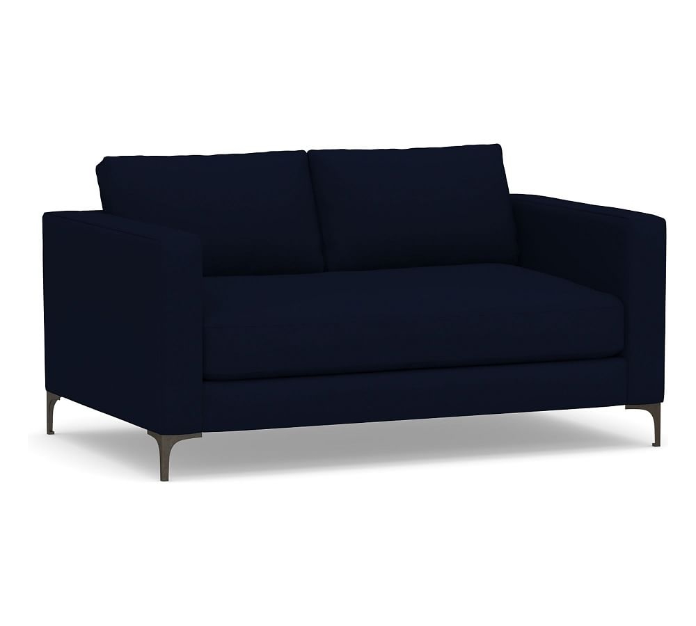 Jake Upholstered Apartment Sofa 2x1 63.5" with Bronze Legs, Standard Cushions, Performance Everydaylinen(TM) Navy - Image 0
