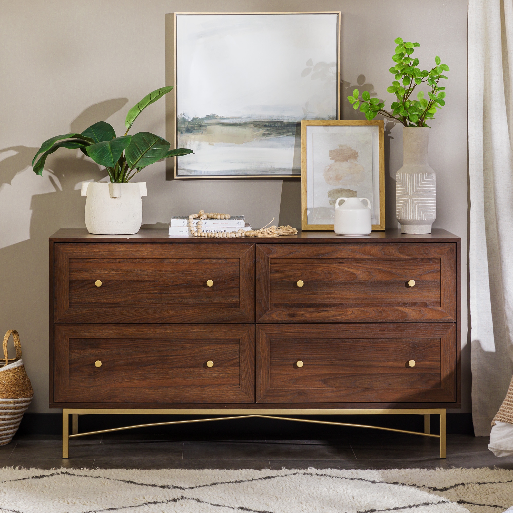 Modern Glam 4-Drawer Dresser with Gold Legs - Dark Walnut - Image 5