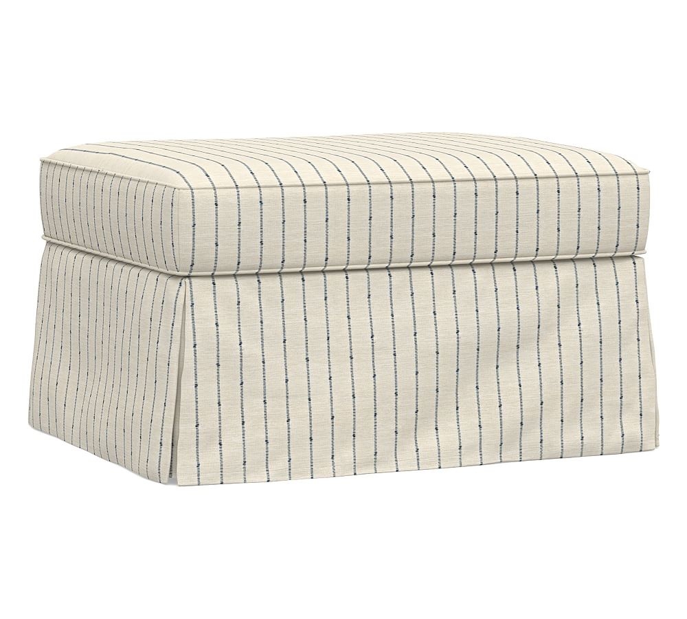 PB Comfort Slipcovered Storage Ottoman, Polyester Wrapped Cushions, Slubby Pinstripe Blue - Image 0