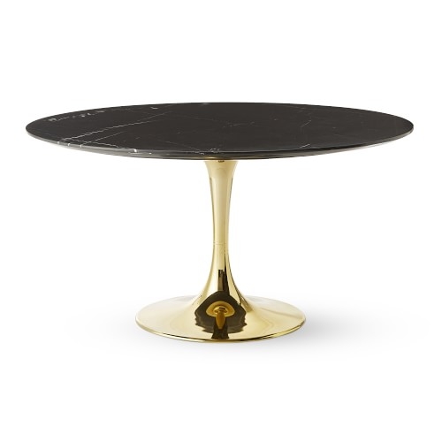 Tulip Pedestal Dining Table, 56 Round, Antique Brass Base, Black Marble Top - Image 0