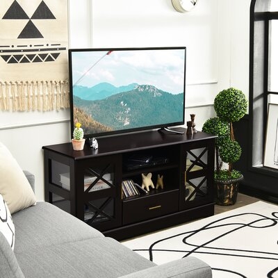 Gracie Oaks Glass Door Tv Stand Entertainment Center W/ Drawer Storage Shelves Brown - Image 0