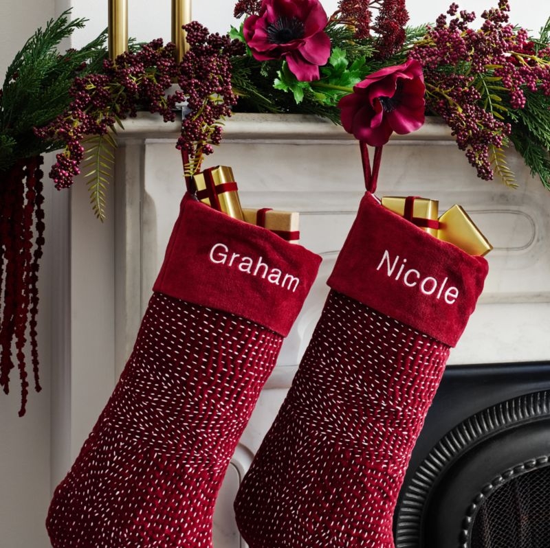 Sashiko Red Velvet Christmas Stocking - Image 1