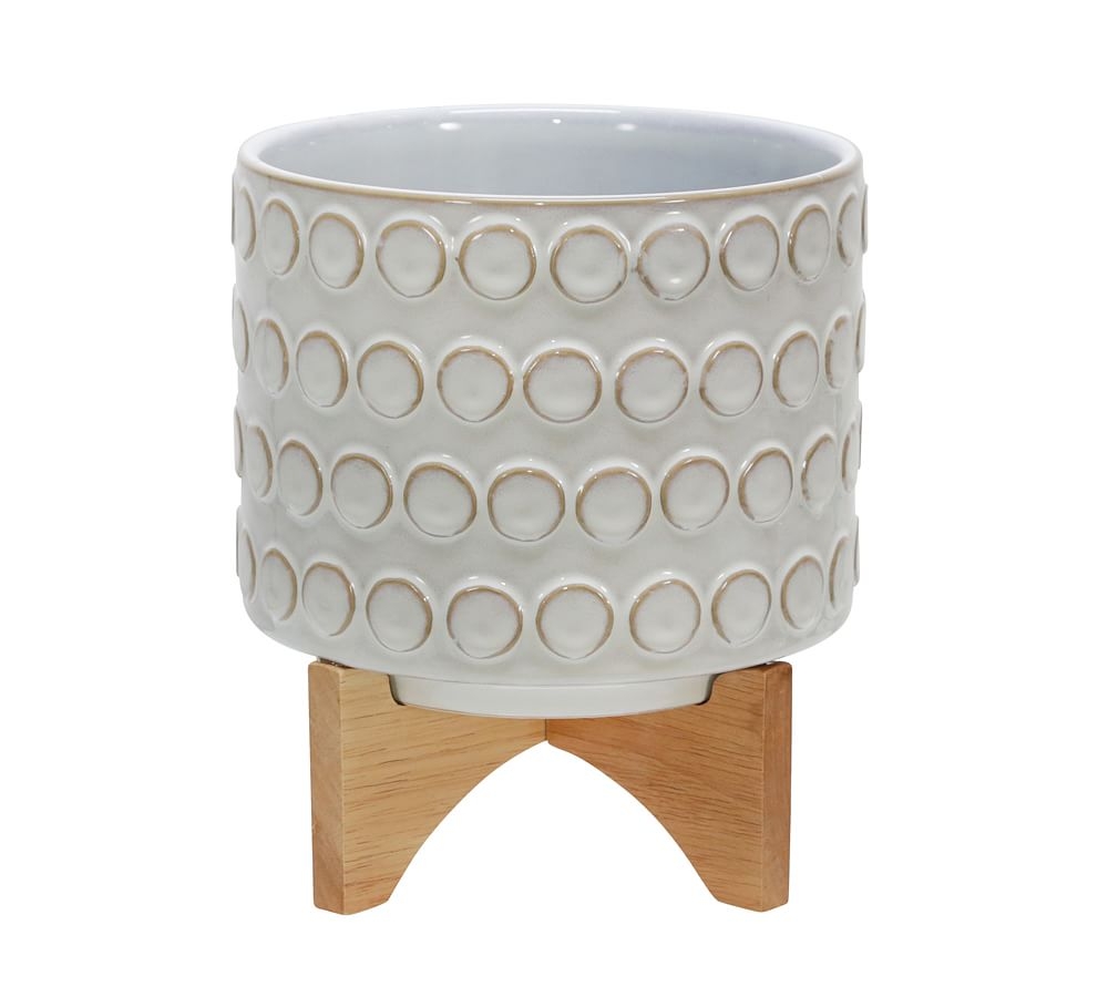 Elena Ivory Ceramic Planter on Wood Stand - Image 0