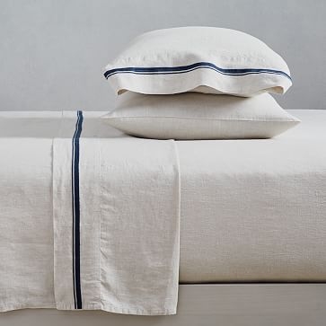 Belgian Linen Embroidered Stripe Sheet Set, Queen, White + Silver Blue - Image 3