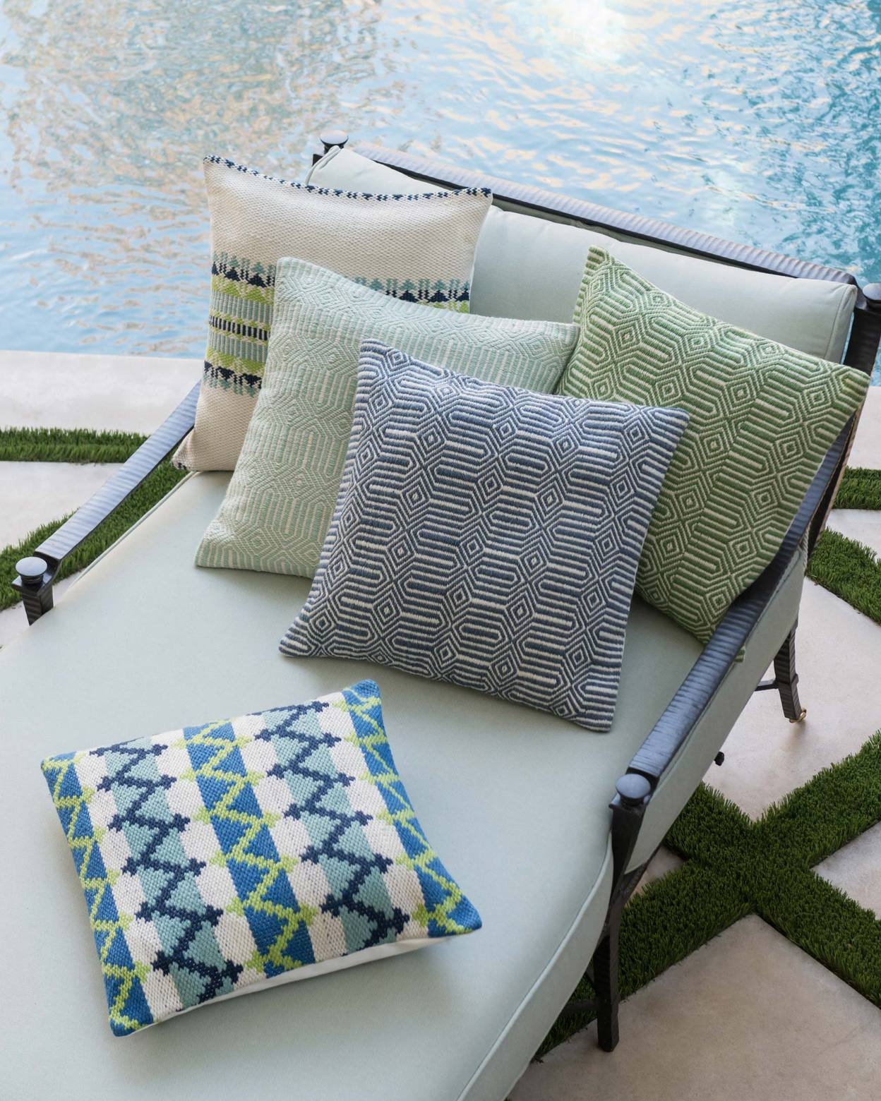Indoor/Outdoor Geometric Throw Pillow Cover, Blue & Ivory, 22" x 22" - Image 1