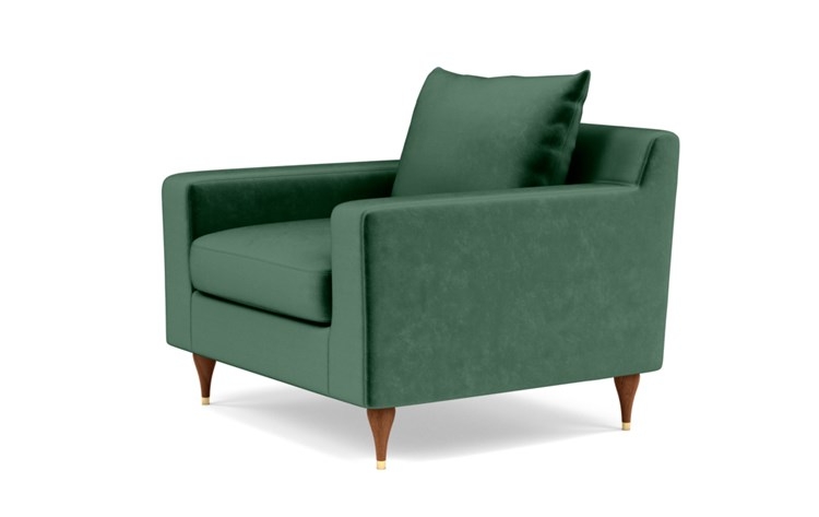 Sloan Accent Chair with Green Malachite Fabric, down alternative cushions, and Oiled Walnut with Brass Cap legs - Image 4