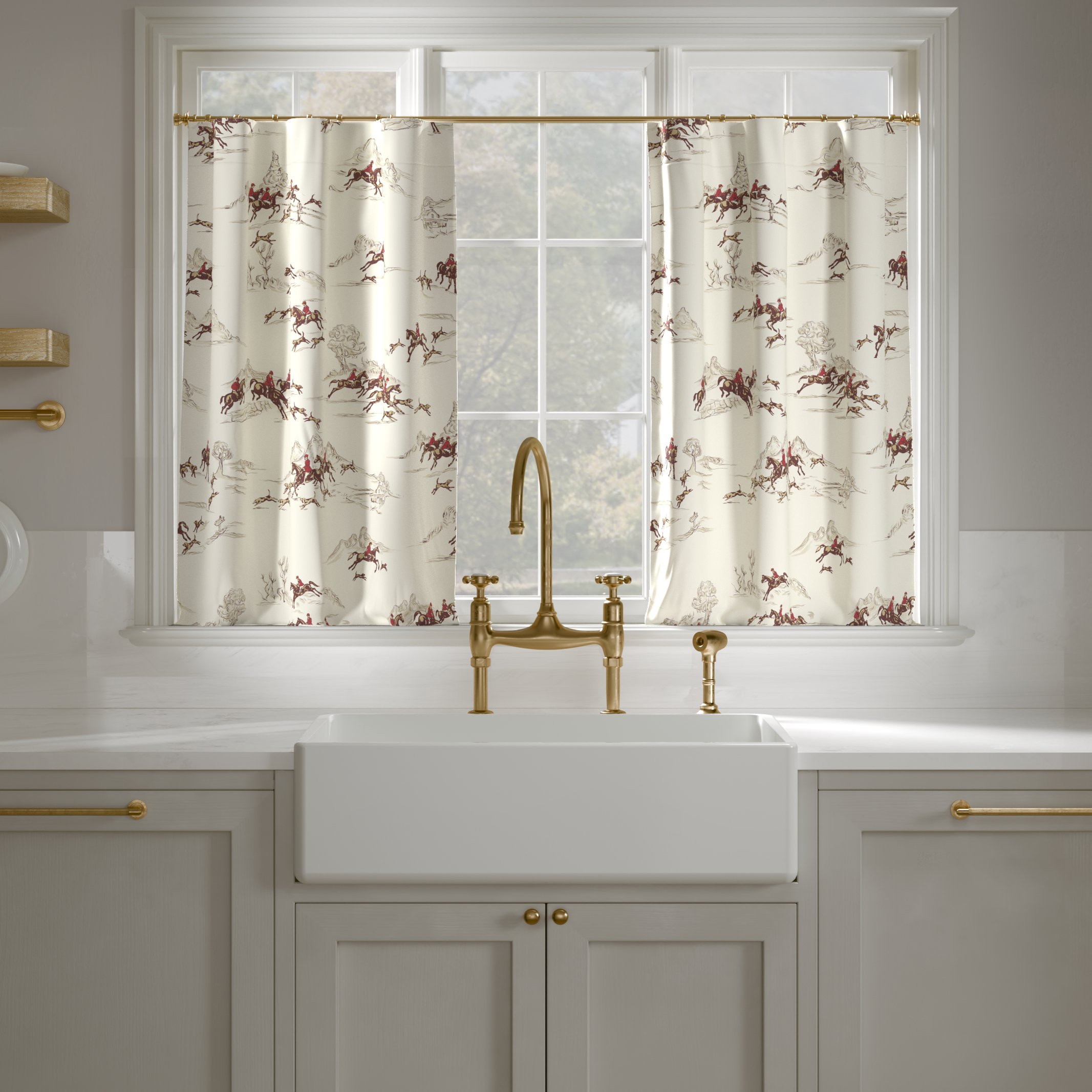 Printed Linen Café Curtain, Red Cotswold Hunt, 25" x 30", Privacy - Image 0