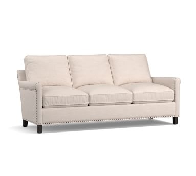 Tyler Roll Arm Upholstered Sofa 80" with Bronze Nailheads, Down Blend Wrapped Cushions, Textured Basketweave Black - Image 1