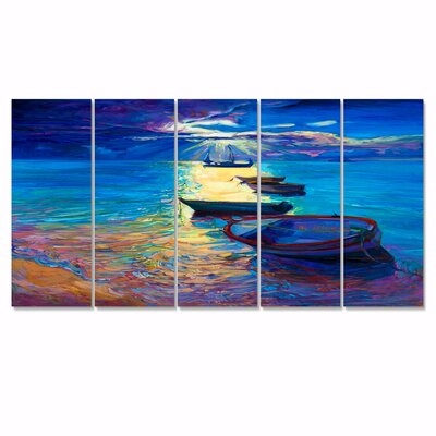 Fishing Boats on the Water with Dark Blue Sky II - 5 Piece Wrapped Canvas Painting Print Set - Image 0