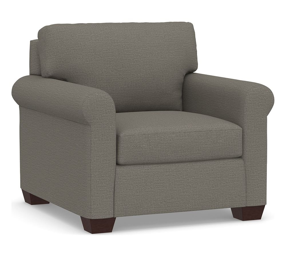 York Roll Arm Upholstered Armchair, Down Blend Wrapped Cushions, Chunky Basketweave Metal - Image 0