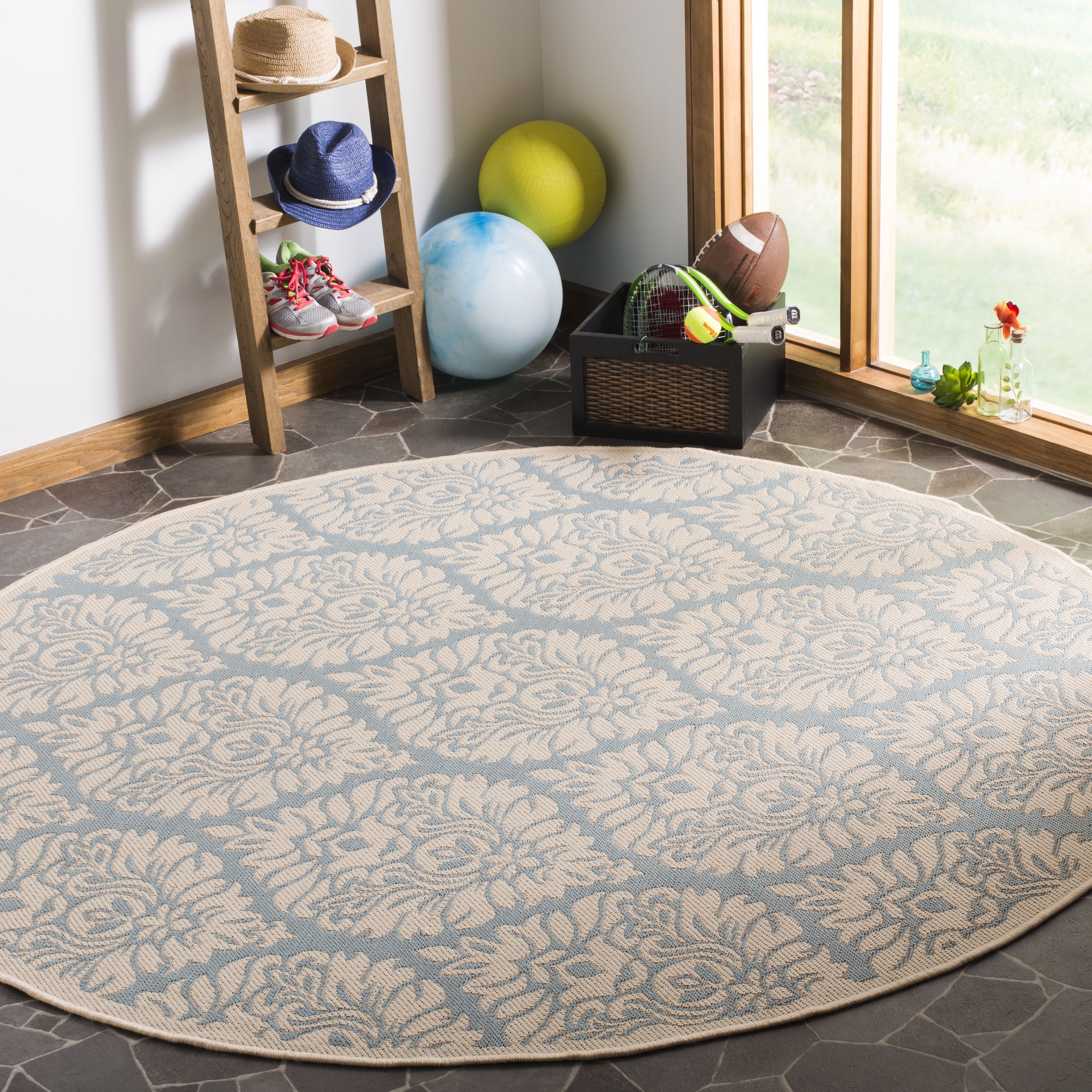 Arlo Home Indoor/Outdoor Woven Area Rug, LND135K, Aqua/Cream,  6' 7" X 6' 7" Round - Image 1