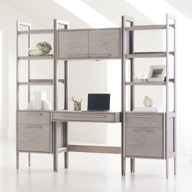 Tate Stone Bookcase Desk with Outlet and 2 Bookcase File Cabinets - Image 0