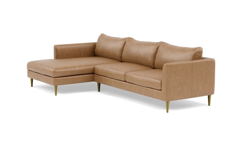 Owens Leather Left Sectional with Brown Palomino Leather, down alternative cushions, extended chaise, and Brass Plated legs - Image 4
