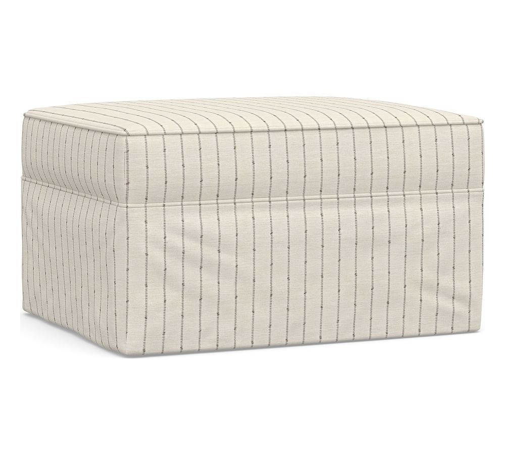 Pearce Slipcovered Ottoman, Polyester Wrapped Cushions, Slubby Pinstripe Oatmeal - Image 0