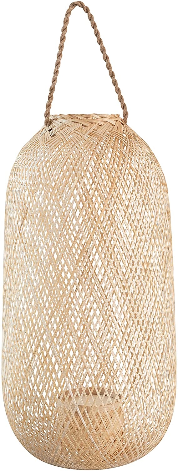 Handwoven Bamboo Lantern with Jute Handle & Glass Insert, Natural, Tall - Image 0