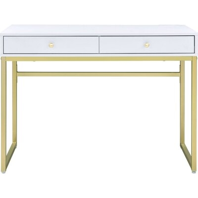 Writing Desk With 2 Drawers And Metal Frame, White And Gold - Image 0