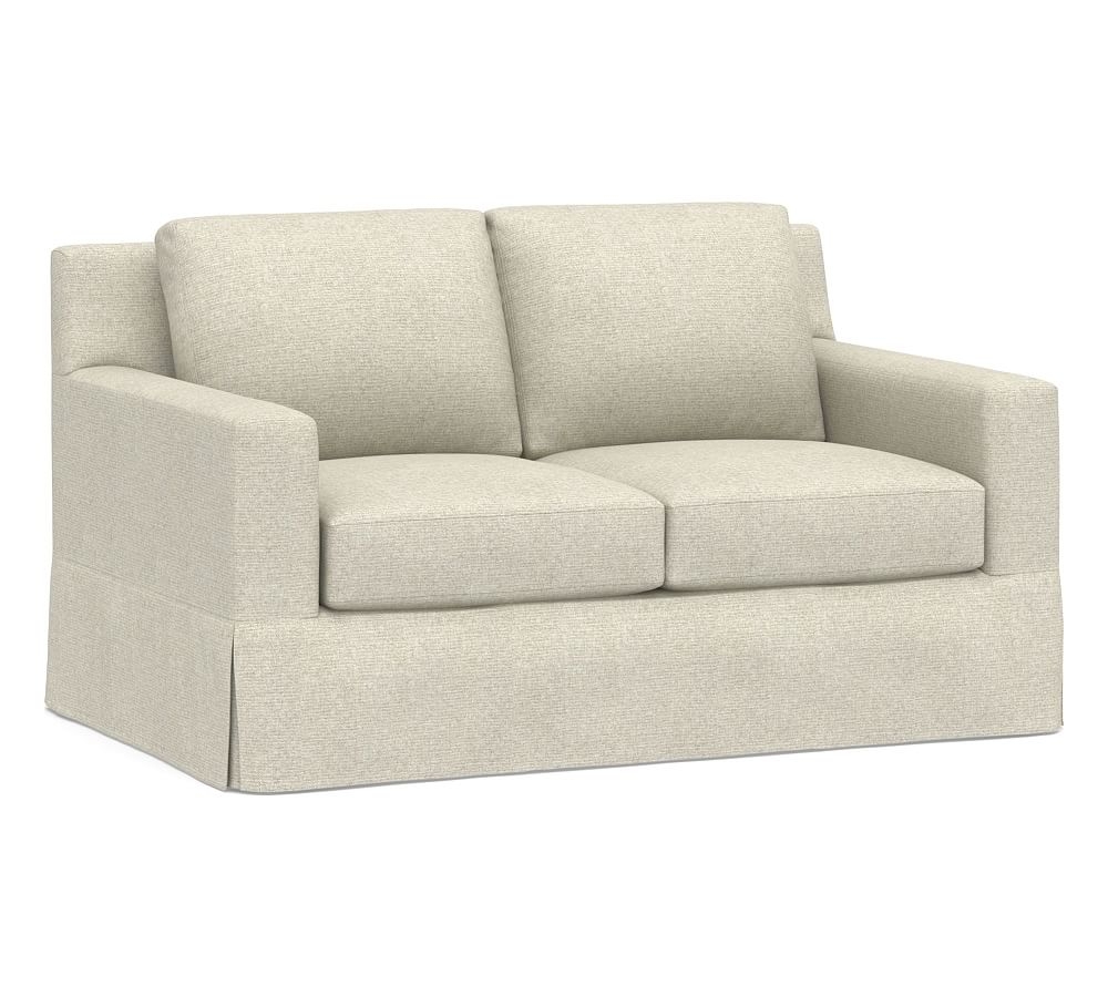 York Square Arm Slipcovered Loveseat 60" 2x2, Down Blend Wrapped Cushions, Performance Heathered Basketweave Alabaster White - Image 0