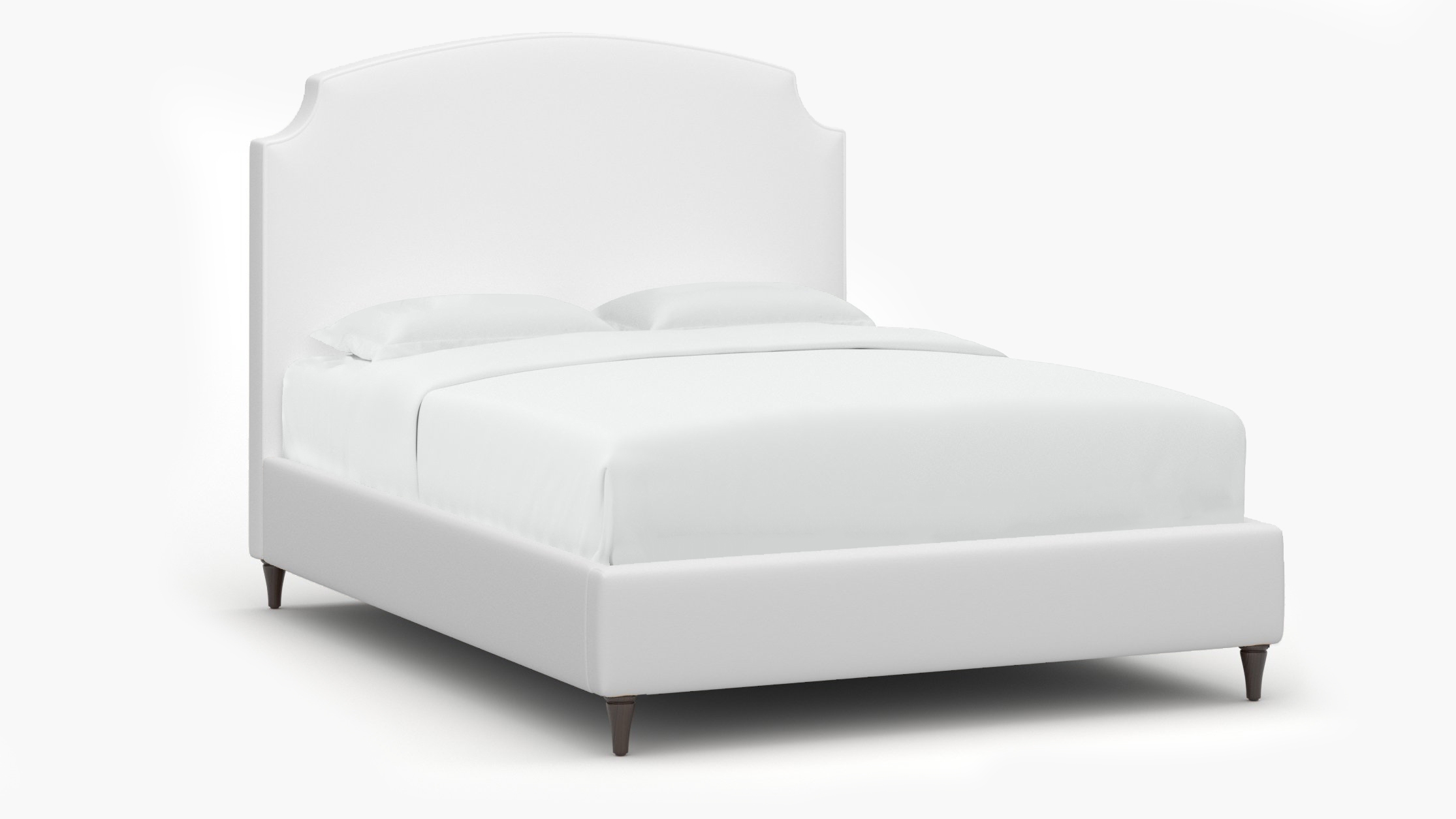 Cove Bed, White Twill, Espresso Decorative Tapered Leg, Queen - Image 1