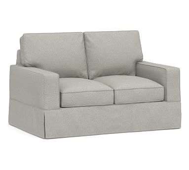 PB Comfort Square Arm Slipcovered Loveseat 61", Box Edge Polyester Wrapped Cushions, Performance Boucle Pebble - Image 0