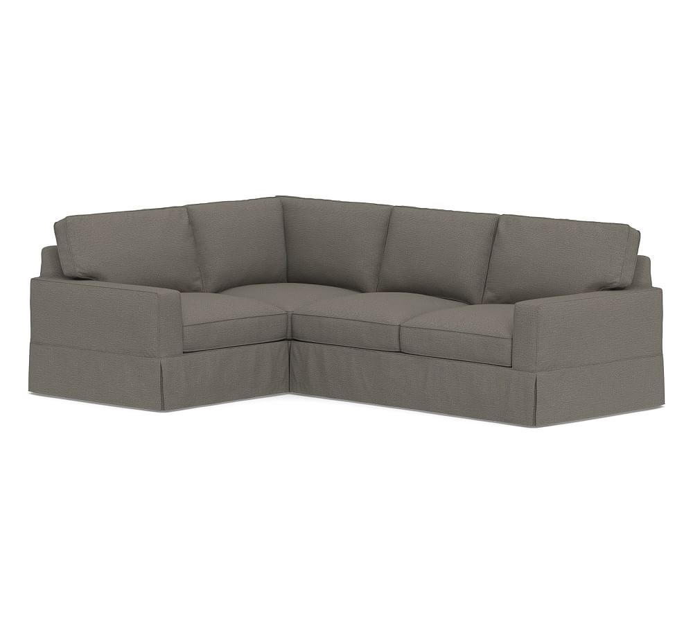 PB Comfort Square Arm Upholstered Right Arm 3-Piece Corner Sectional, Box Edge Down Blend Wrapped Cushions, Chunky Basketweave Metal - Image 0