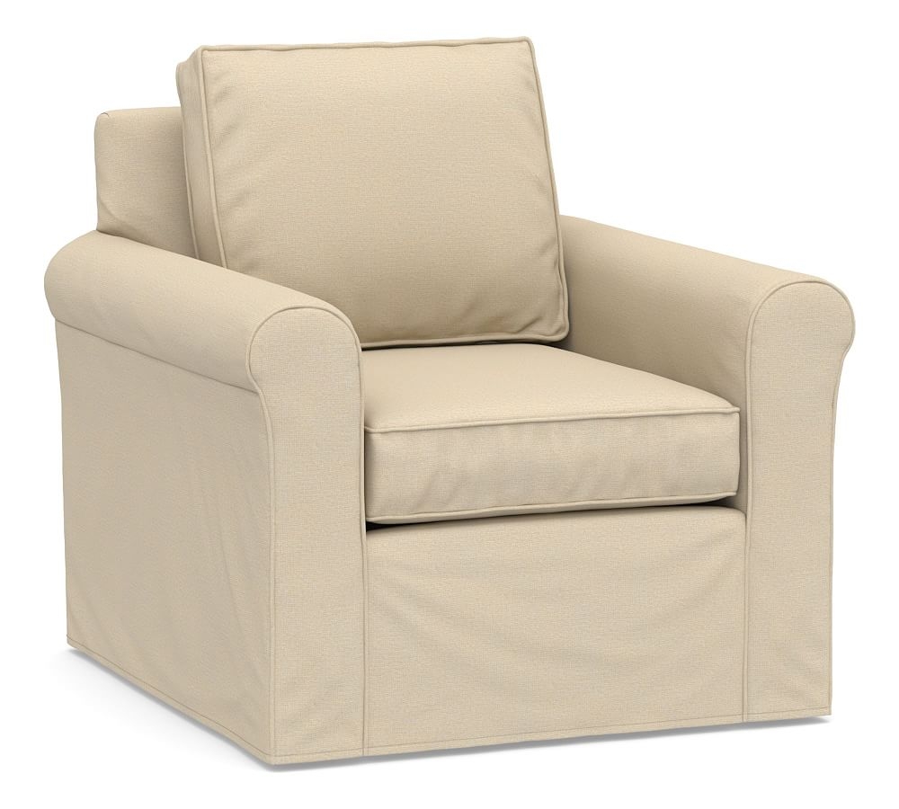 Cameron Roll Arm Slipcovered Deep Seat Swivel Armchair, Polyester Wrapped Cushions, Park Weave Oatmeal - Image 0