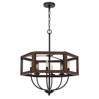 Chandelier With Hexagonal Open Wooden Frame And Hanging Chain, Brown - Image 0
