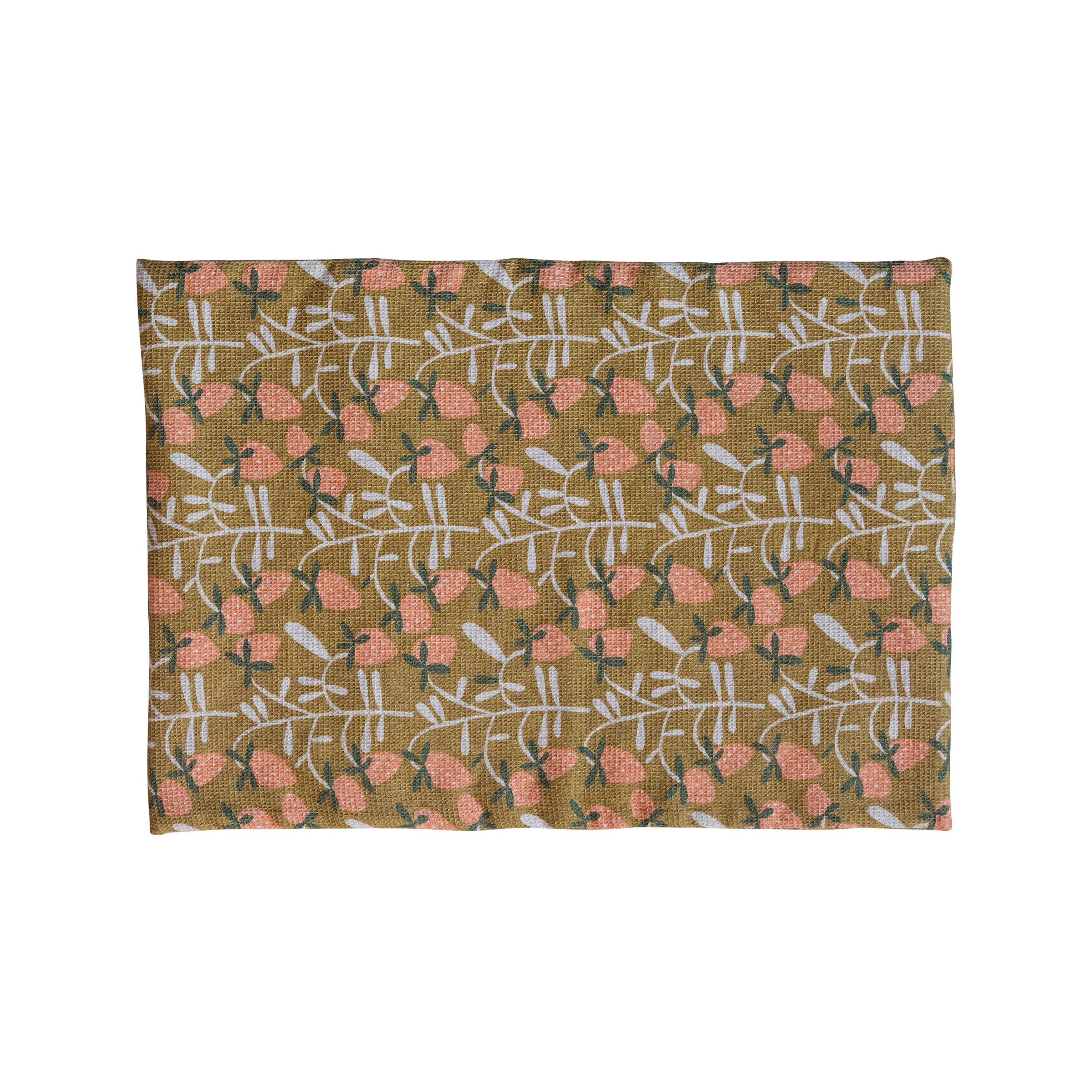 Strawberry Cotton DIsh Drying Mat with Quilted Terry Cloth Insert, 3 Coconut Shell Buttons aqnd Strawberries Pattern, Multicolor - Image 0