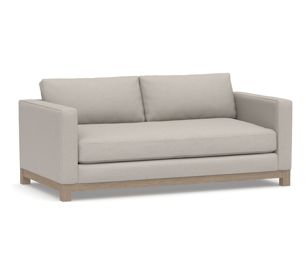 Jake Upholstered Loveseat 2x1 71" with Wood Base, Standard Cushions, Chunky Basketweave Stone - Image 0