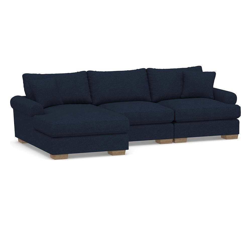 Sullivan Roll Arm Upholstered Deep Seat Right Arm sofa with chaise sectional, Down Blend Wrapped Cushions, Performance Heathered Basketweave Navy - Image 0